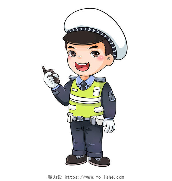 交通警察手拿对讲机卡通警察PNG素材卡通交警元素